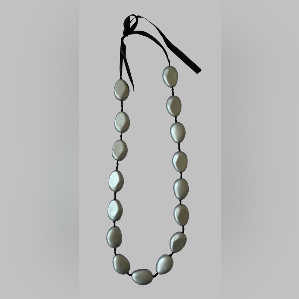 Silver wooden beads with black ribbon